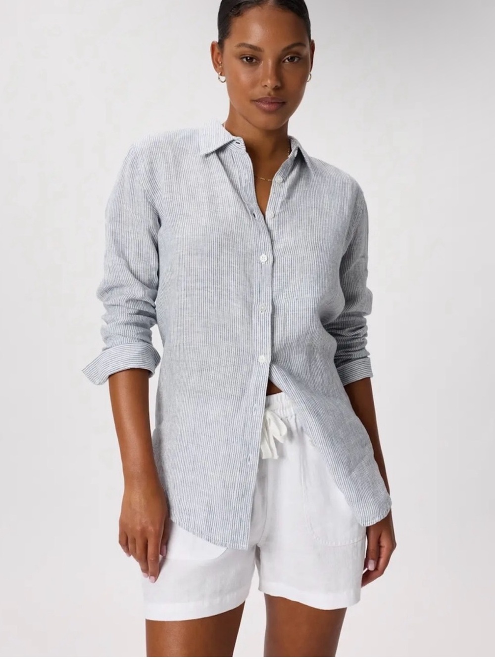 Quince Large European Linen Long Sleeve Shirt Blue Pinstripe Coastal Relaxed